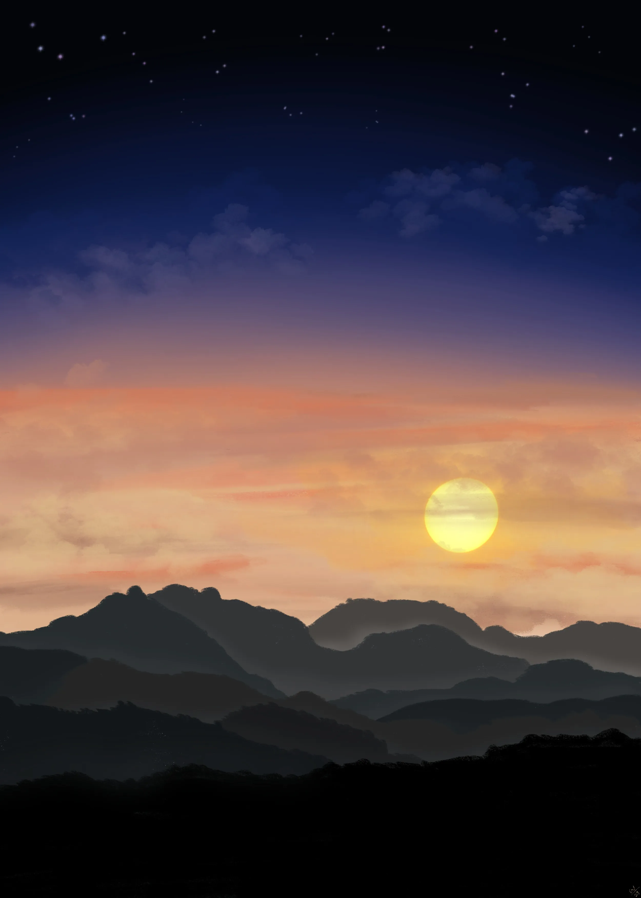 Painting of a sunset over layered mountain ridges, under a starry night sky.
