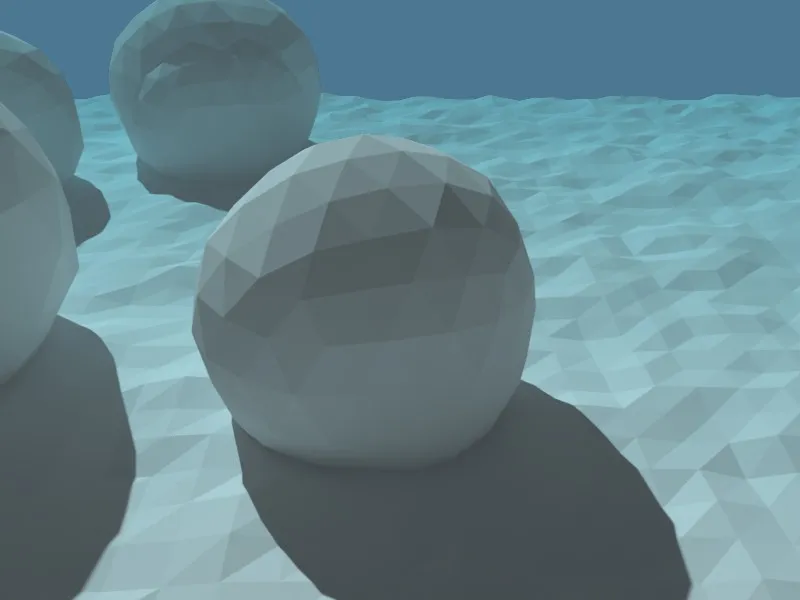 Rendered underwater scene: pale boulders on a rippled seabed in slightly hazy blue-green water.